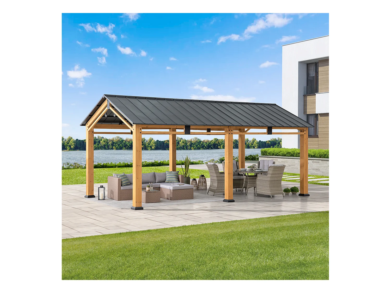 Abri voiture en bois avec toit à pignon et crochet de plafond DIRAN 603 cm x 336 cm