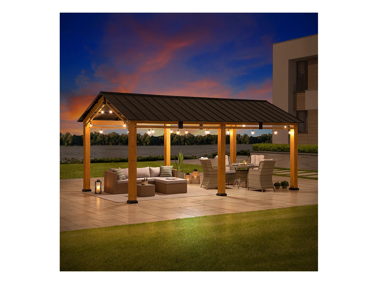 Abri voiture en bois avec toit à pignon et crochet de plafond DIRAN 603 cm x 336 cm