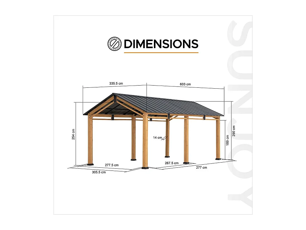 Abri voiture en bois avec toit à pignon et crochet de plafond DIRAN 603 cm x 336 cm