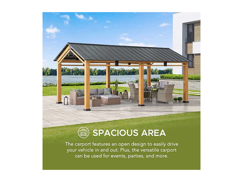 Abri voiture en bois avec toit à pignon et crochet de plafond DIRAN 603 cm x 336 cm