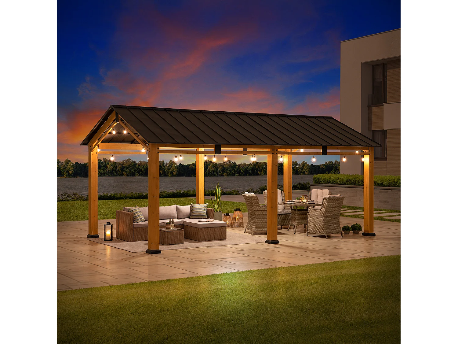 Abri voiture en bois avec toit à pignon et crochet de plafond DIRAN 603 cm x 336 cm