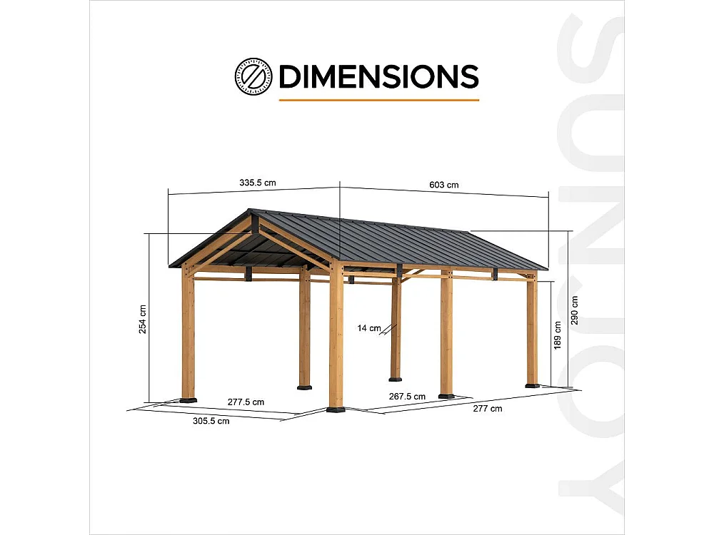 Abri voiture en bois avec toit à pignon et crochet de plafond DIRAN 603 cm x 336 cm
