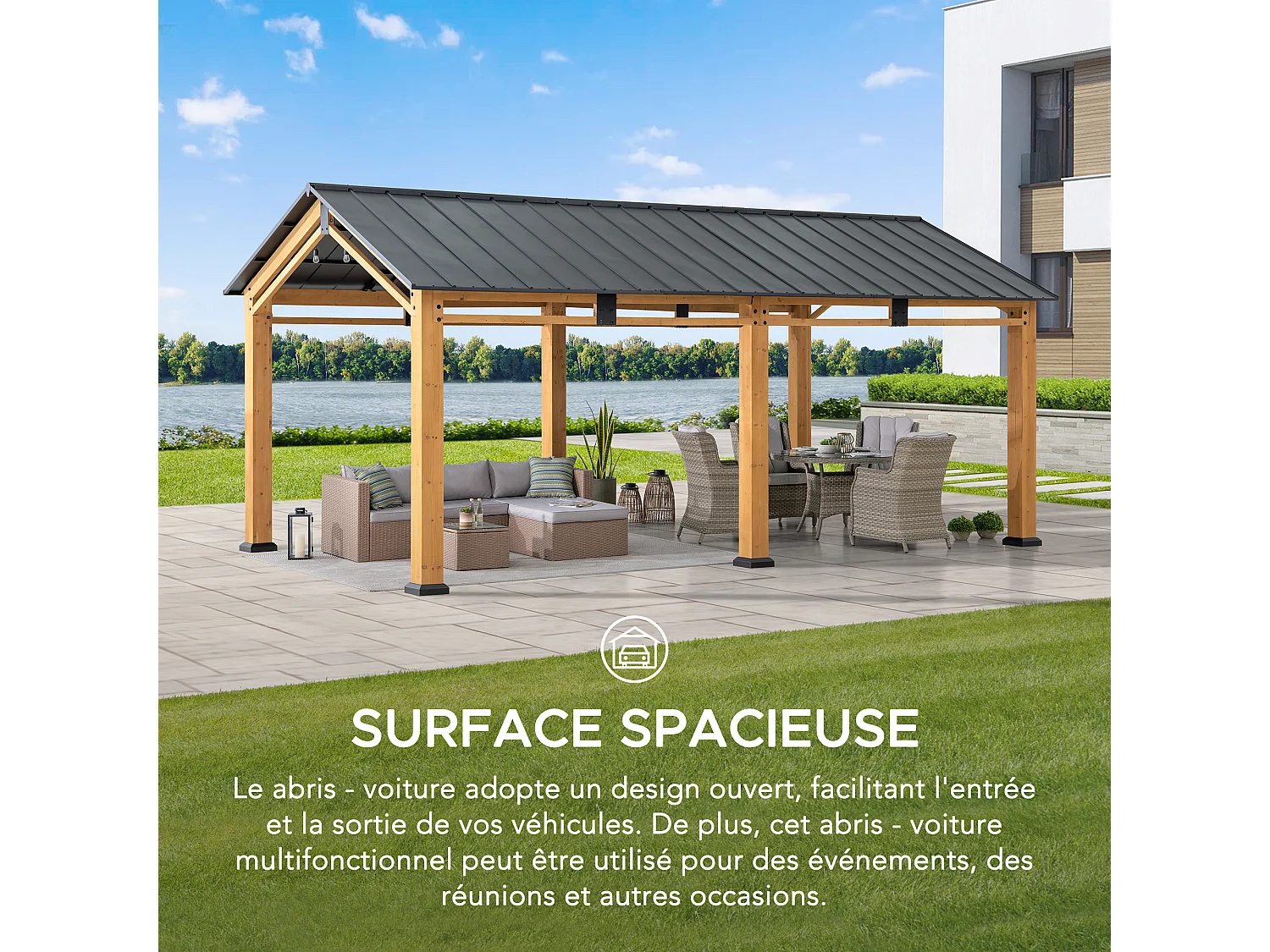 Abri voiture en bois avec toit à pignon et crochet de plafond DIRAN 603 cm x 336 cm