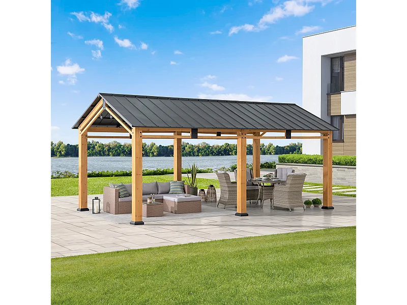 Abri voiture en bois avec toit à pignon et crochet de plafond DIRAN 603 cm x 336 cm