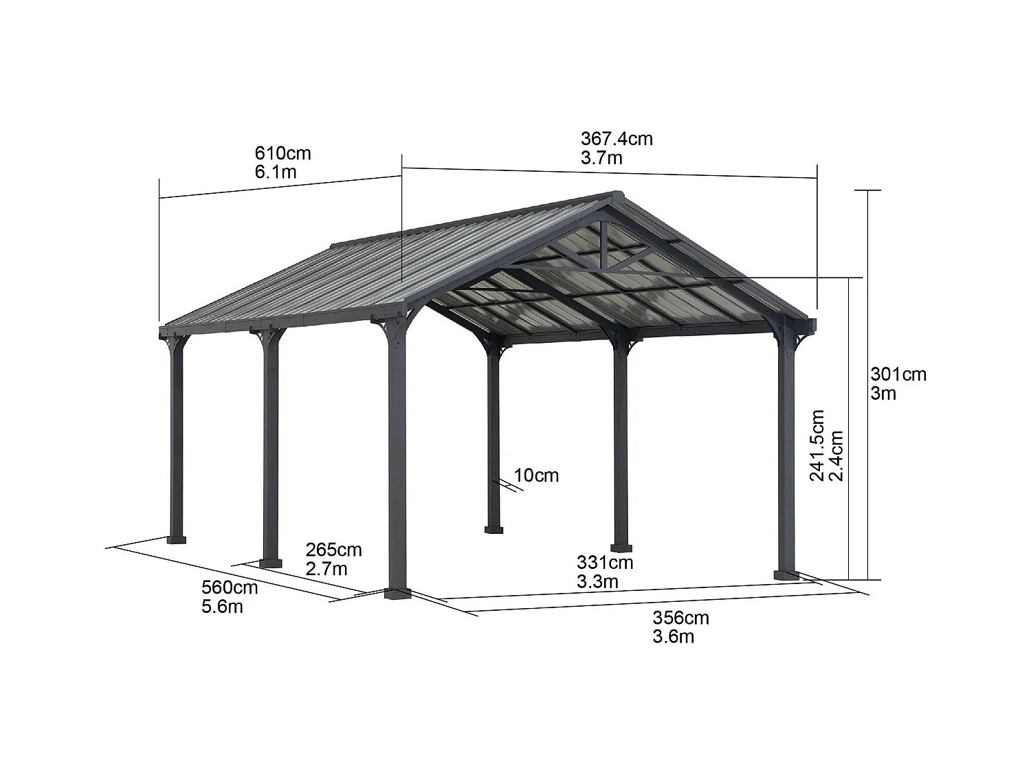 Abri voiture en métal avec toit à pignon et 2 crochets de plafond EIGER 367 cm x 610 cm