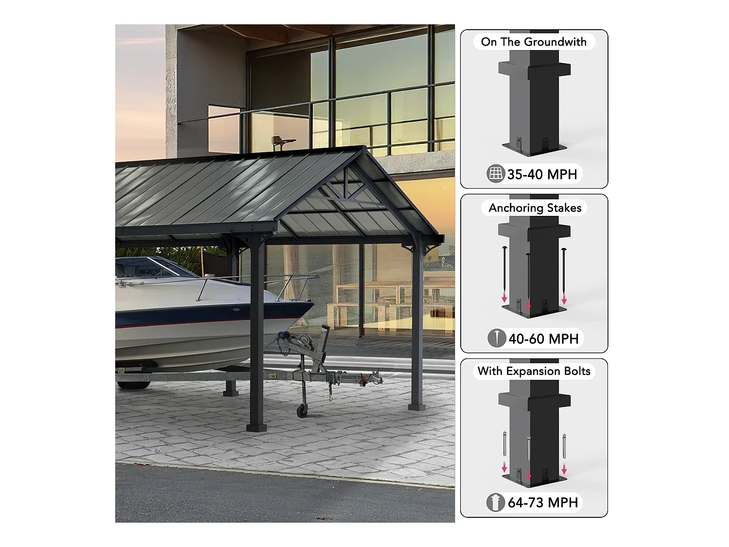 Abri voiture en métal avec toit à pignon et 2 crochets de plafond EIGER 367 cm x 610 cm