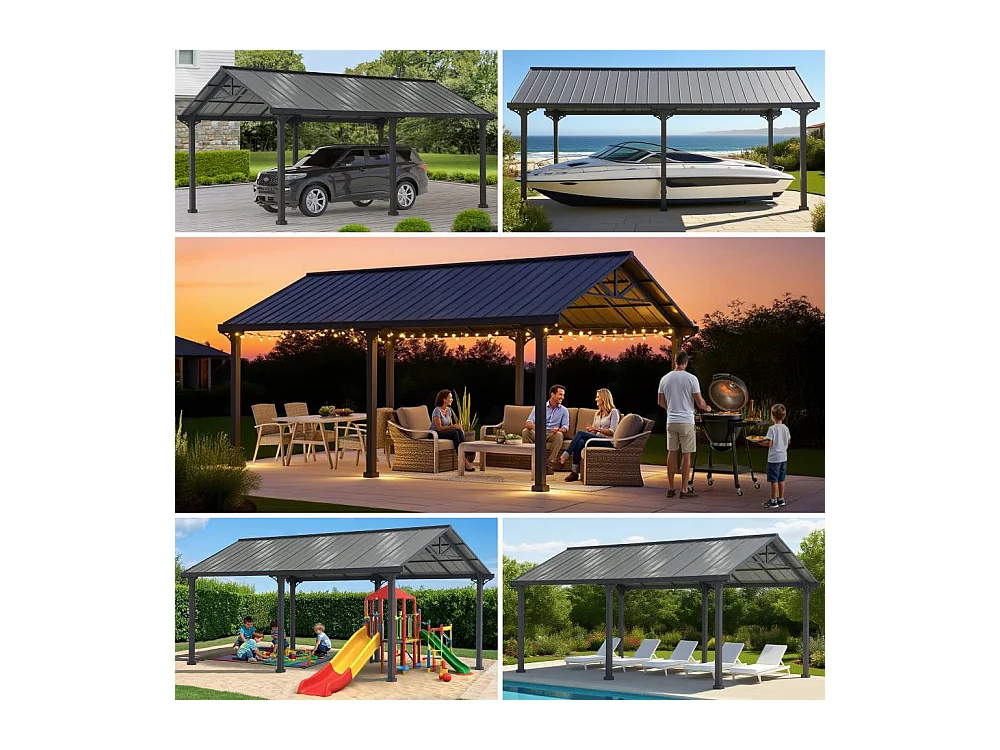 Abri voiture en métal avec toit à pignon et 2 crochets de plafond EIGER 367 cm x 610 cm