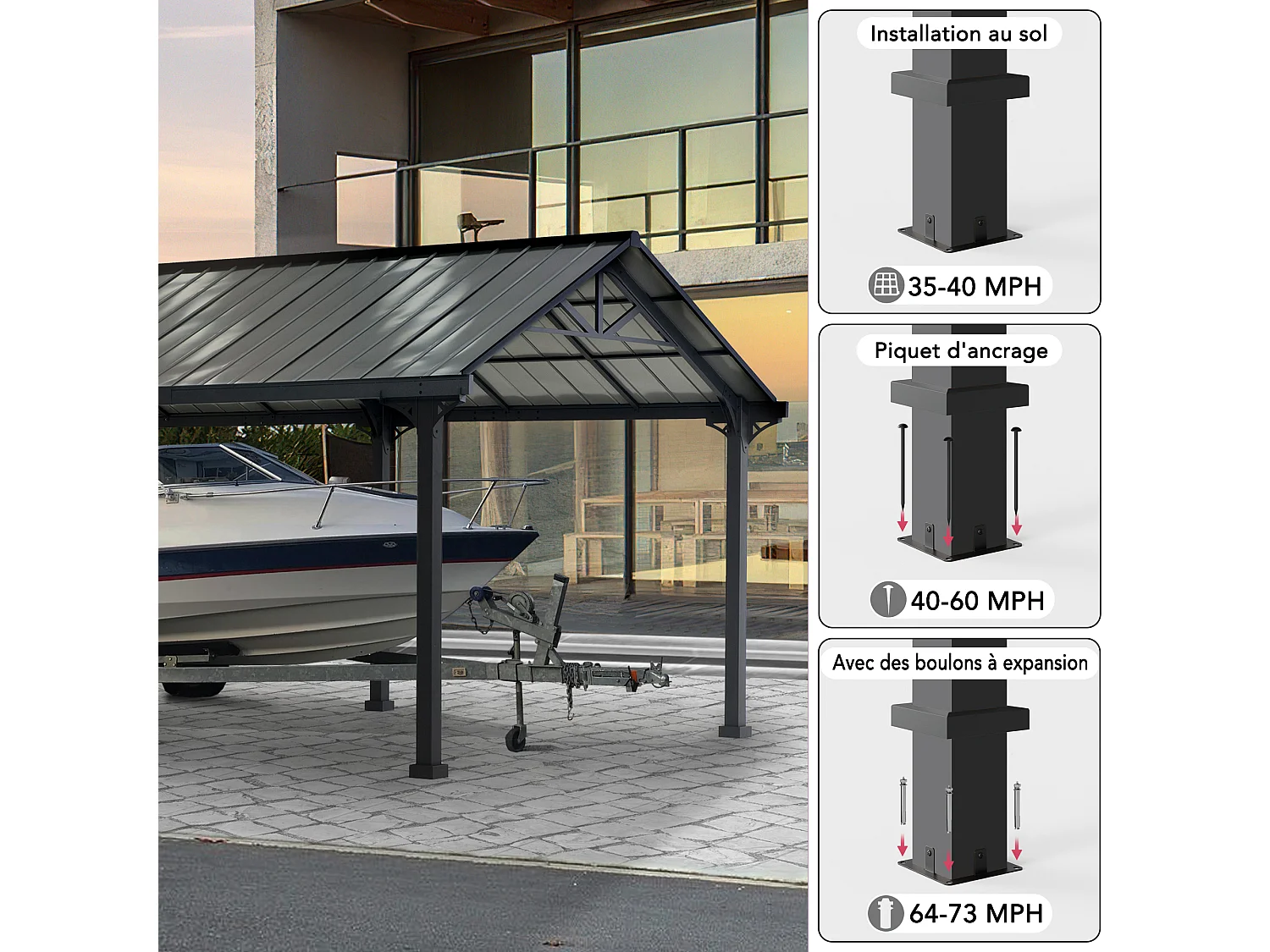 Abri voiture en métal avec toit à pignon et 2 crochets de plafond EIGER 367 cm x 610 cm