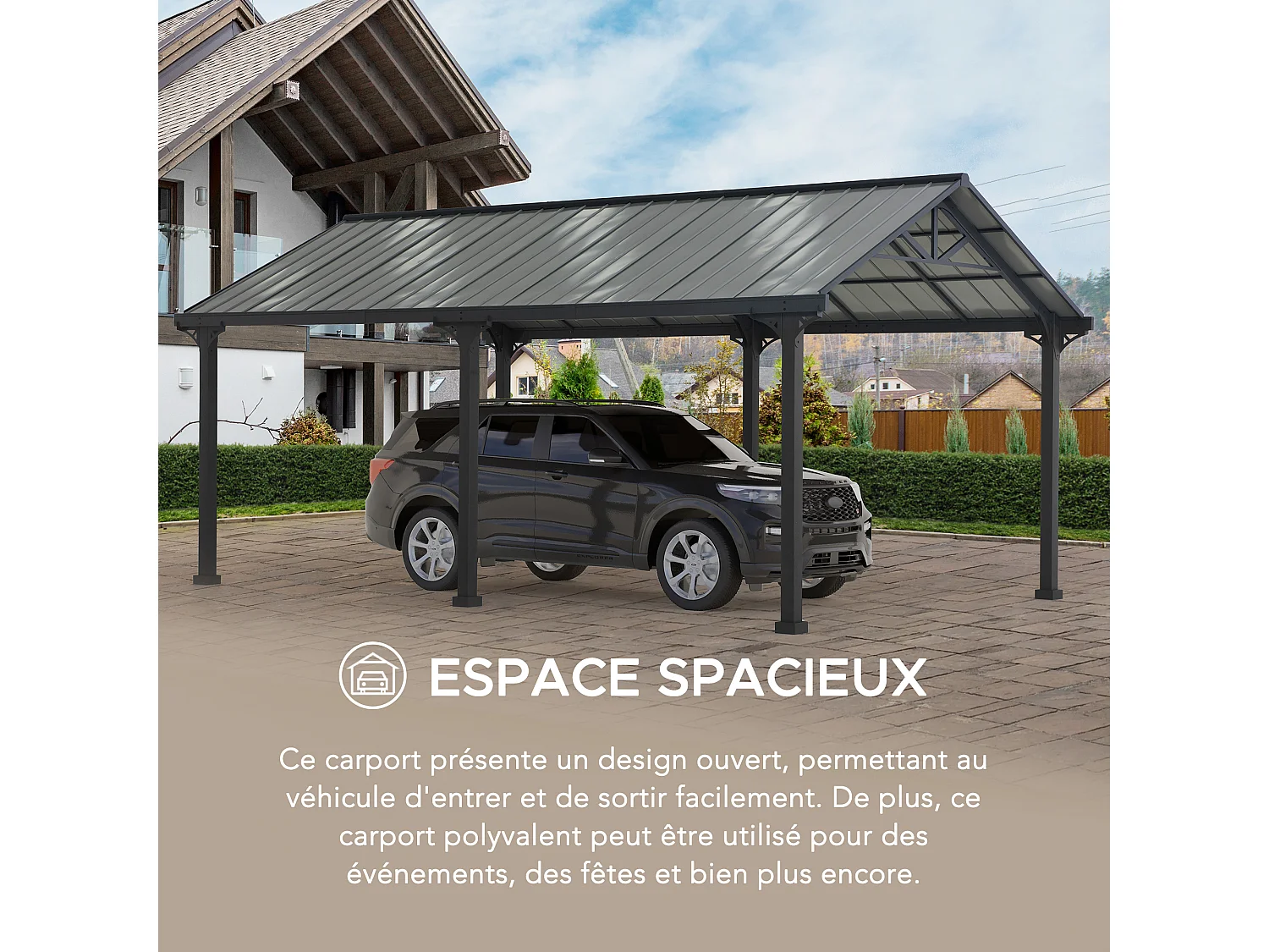 Abri voiture en métal avec toit à pignon et 2 crochets de plafond EIGER 367 cm x 610 cm