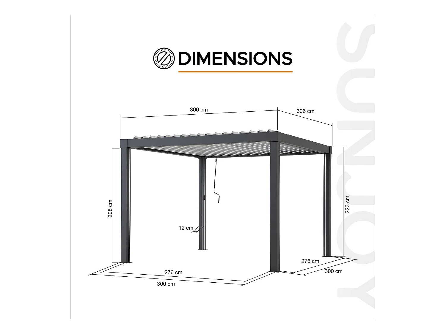 Pergola à lames avec éclairage LED solaire et toit réglable Matterhorn 306 cm x 306 cm
