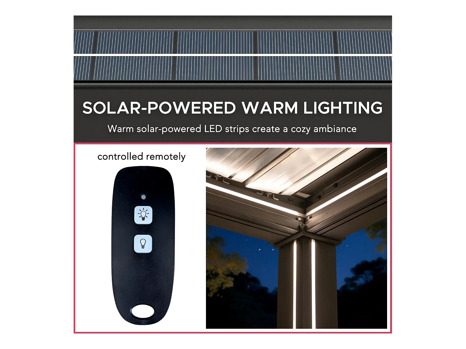 Pergola à lames avec éclairage LED solaire et toit réglable Matterhorn 306 cm x 306 cm