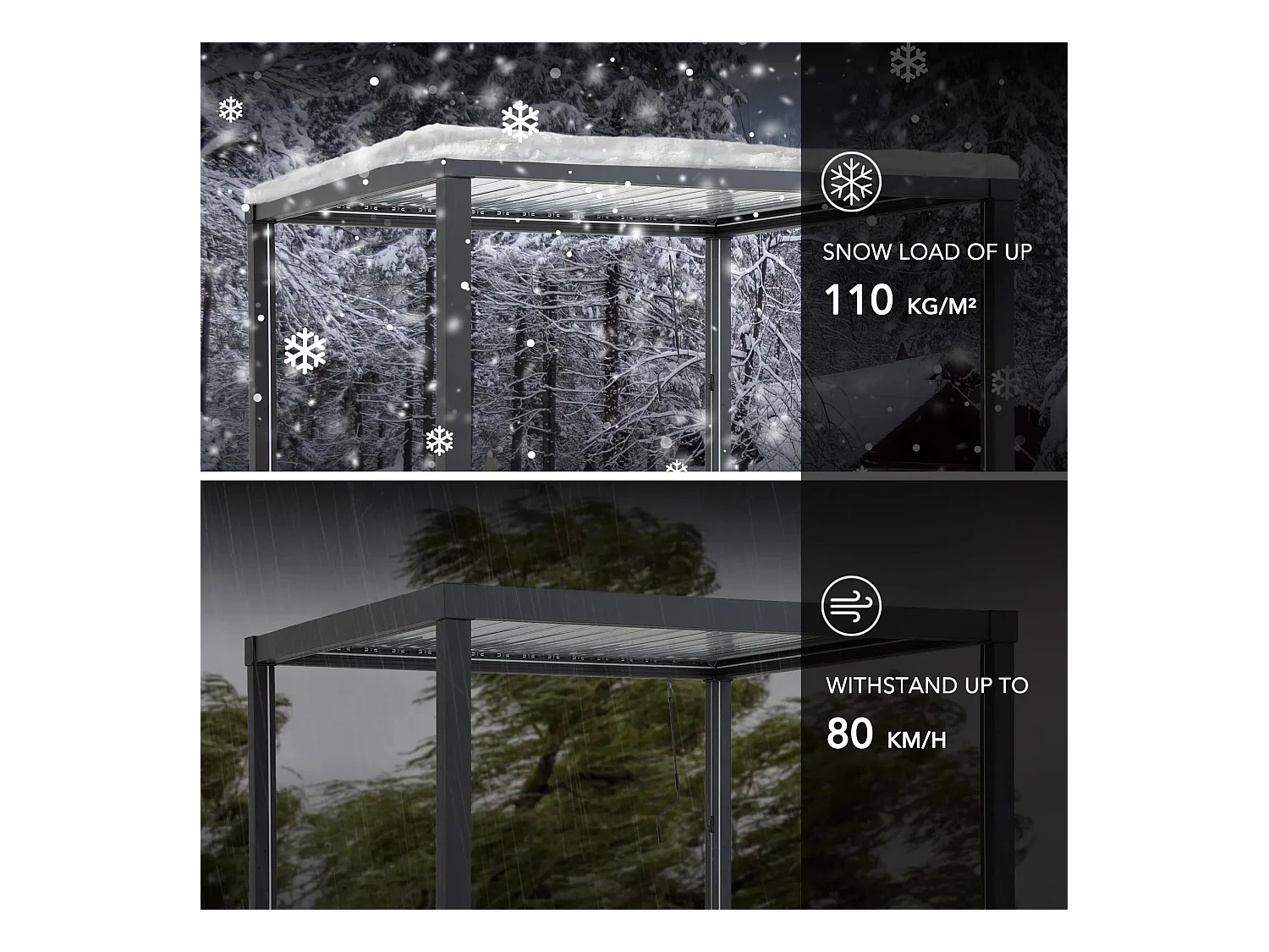 Pergola à lames avec éclairage LED solaire et toit réglable Matterhorn 306 cm x 306 cm