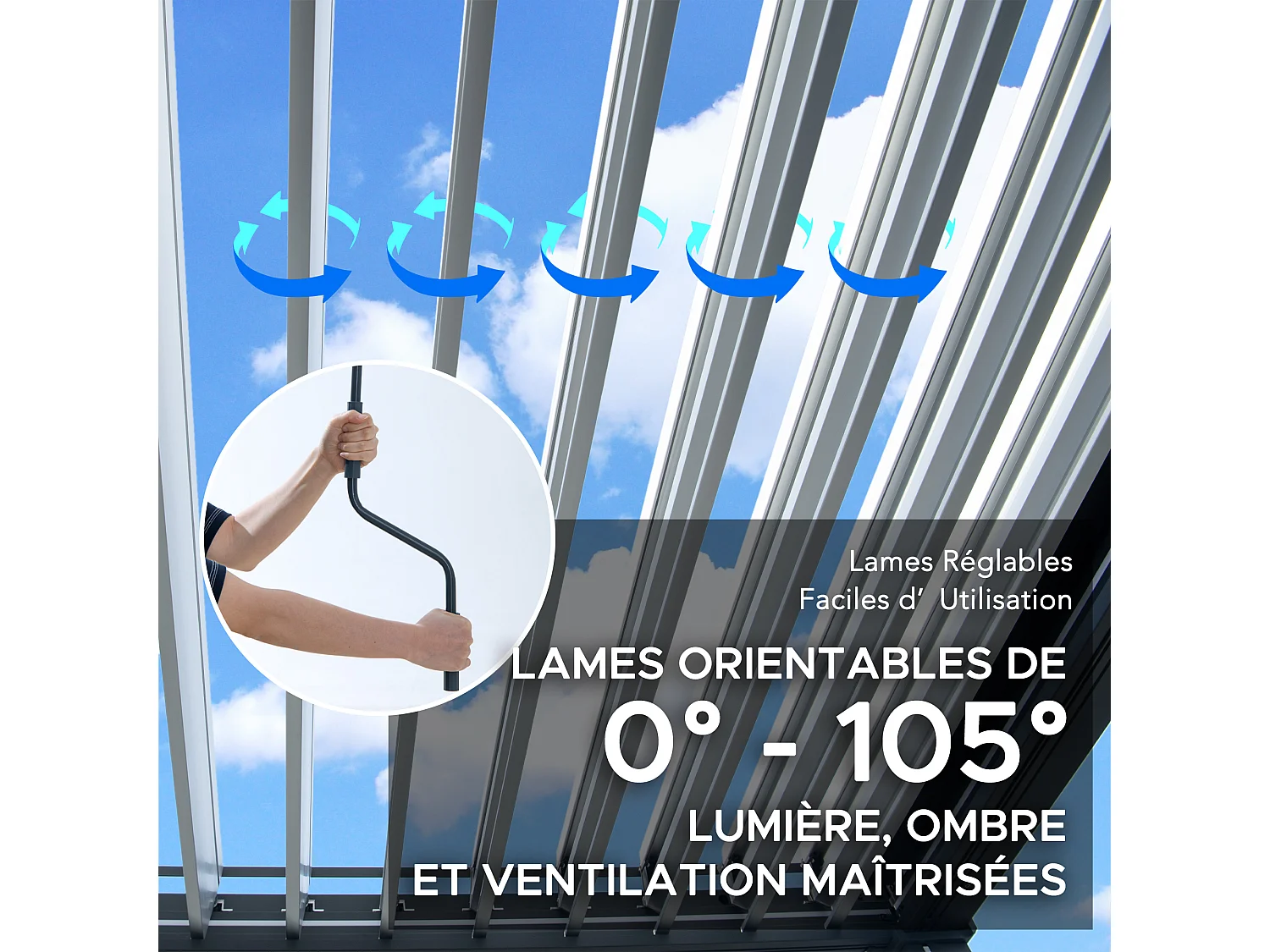 Pergola à lames avec éclairage LED solaire et toit réglable Matterhorn 306 cm x 306 cm