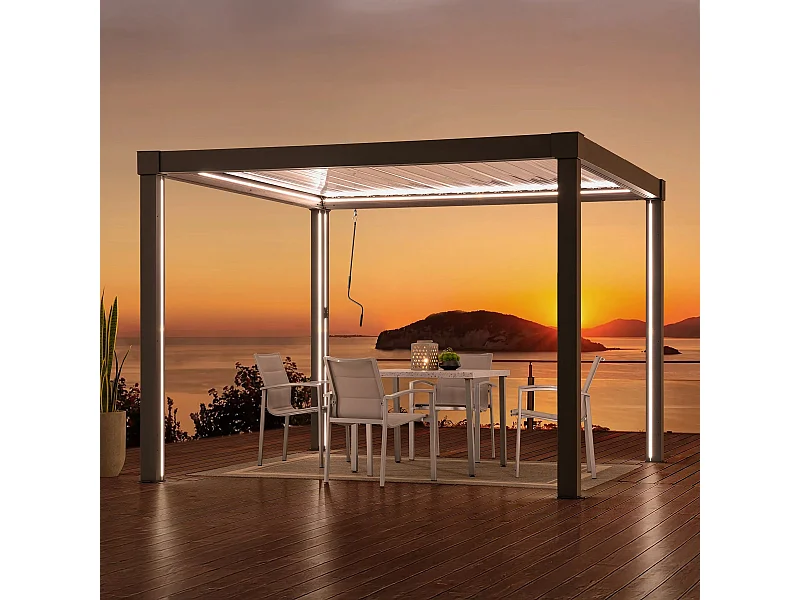 Pergola à lames avec éclairage LED solaire et toit réglable Matterhorn 306 cm x 306 cm