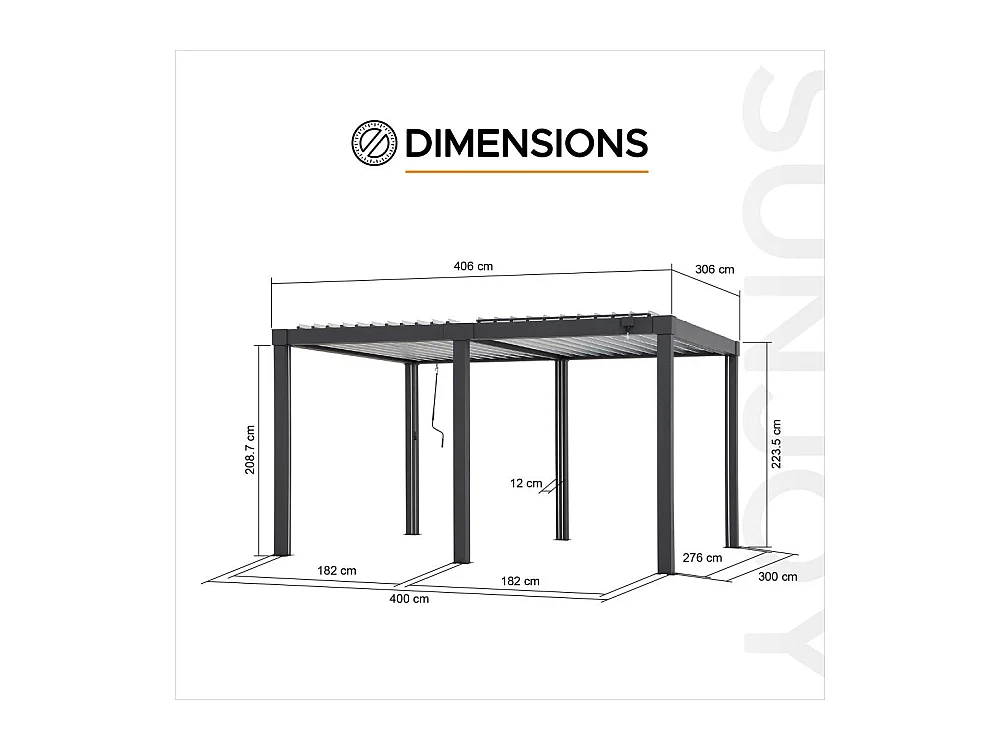 Pergola à lames avec éclairage LED solaire et toit réglable Matterhorn 406 cm x 306 cm