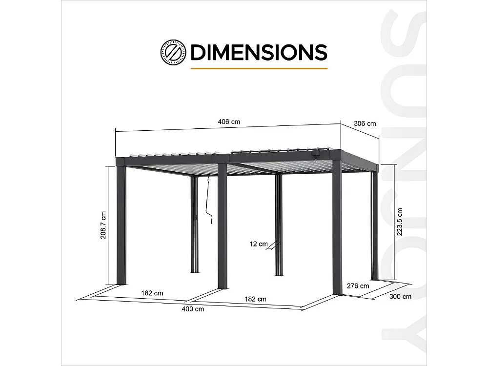Pergola à lames avec éclairage LED solaire et toit réglable Matterhorn 406 cm x 306 cm