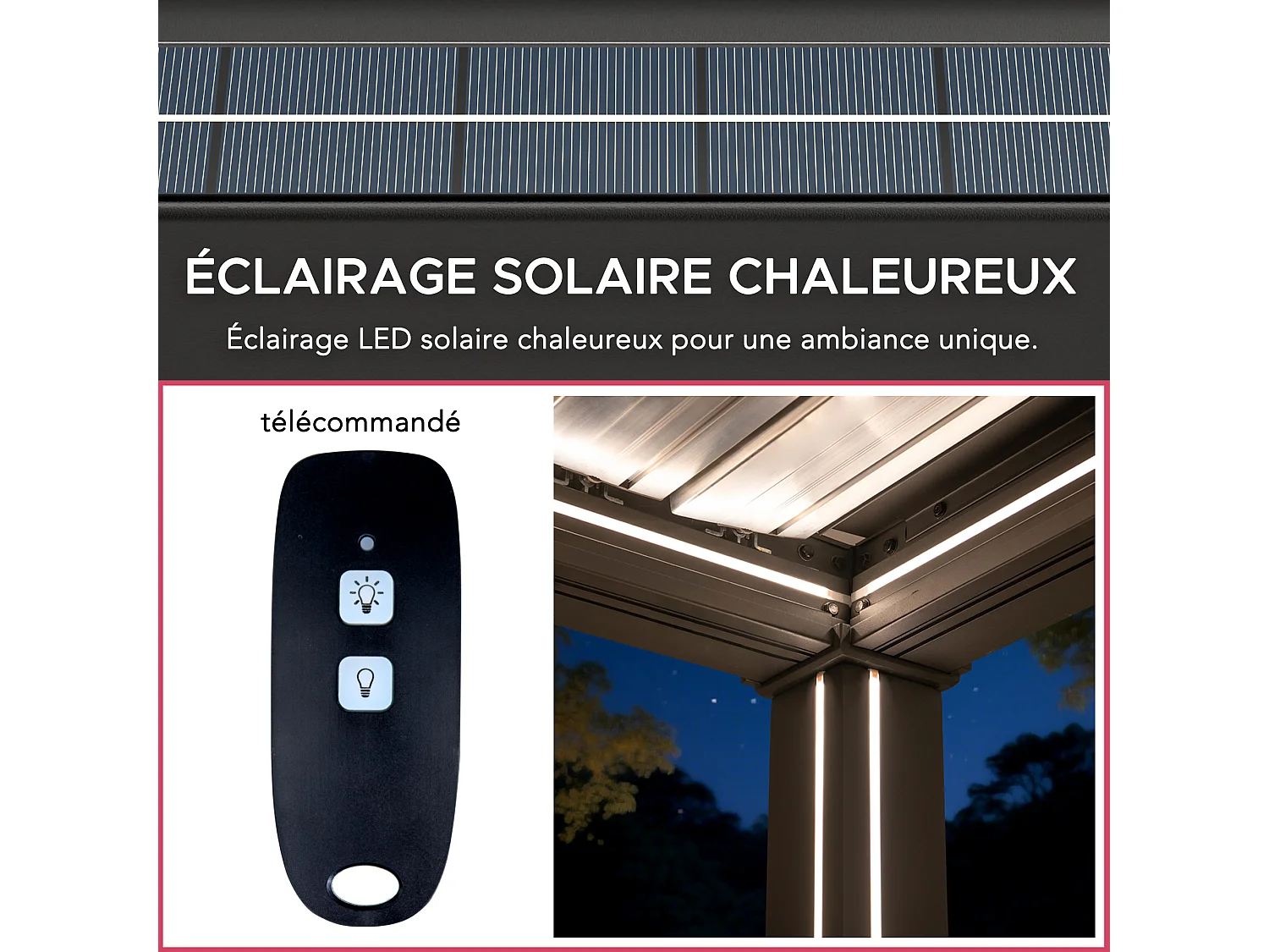 Pergola à lames avec éclairage LED solaire et toit réglable Matterhorn 406 cm x 306 cm