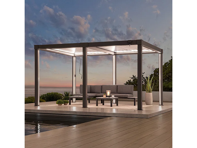 Pergola à lames avec éclairage LED solaire et toit réglable Matterhorn 406 cm x 306 cm