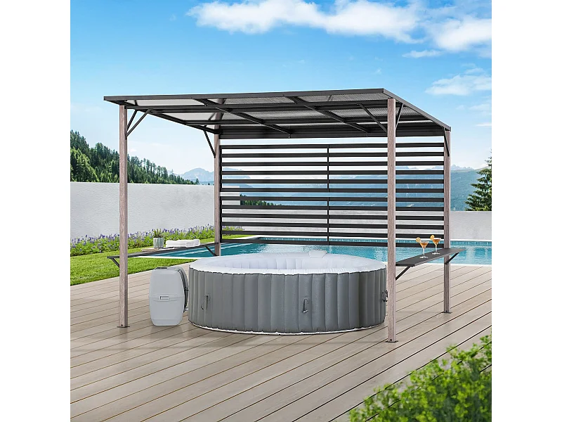 Pergola en métal avec toit en polycarbonate et brise-vue 282cm x 252cm