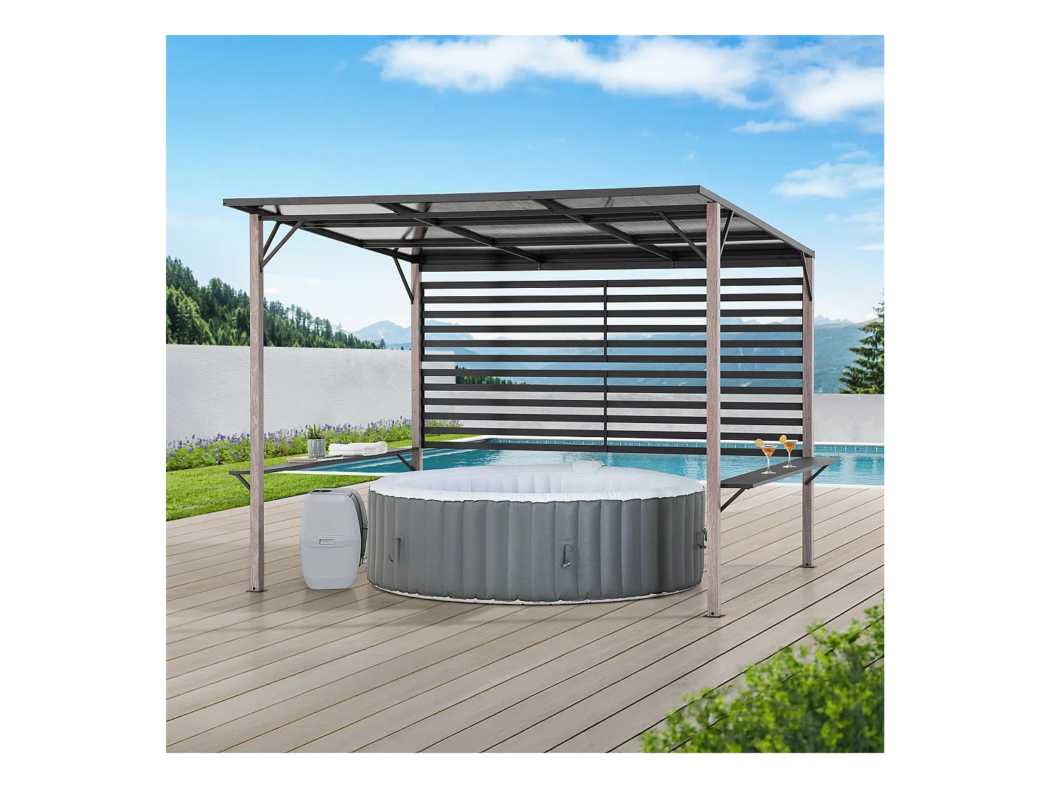 Pergola en métal avec toit en polycarbonate et brise-vue 282cm x 252cm