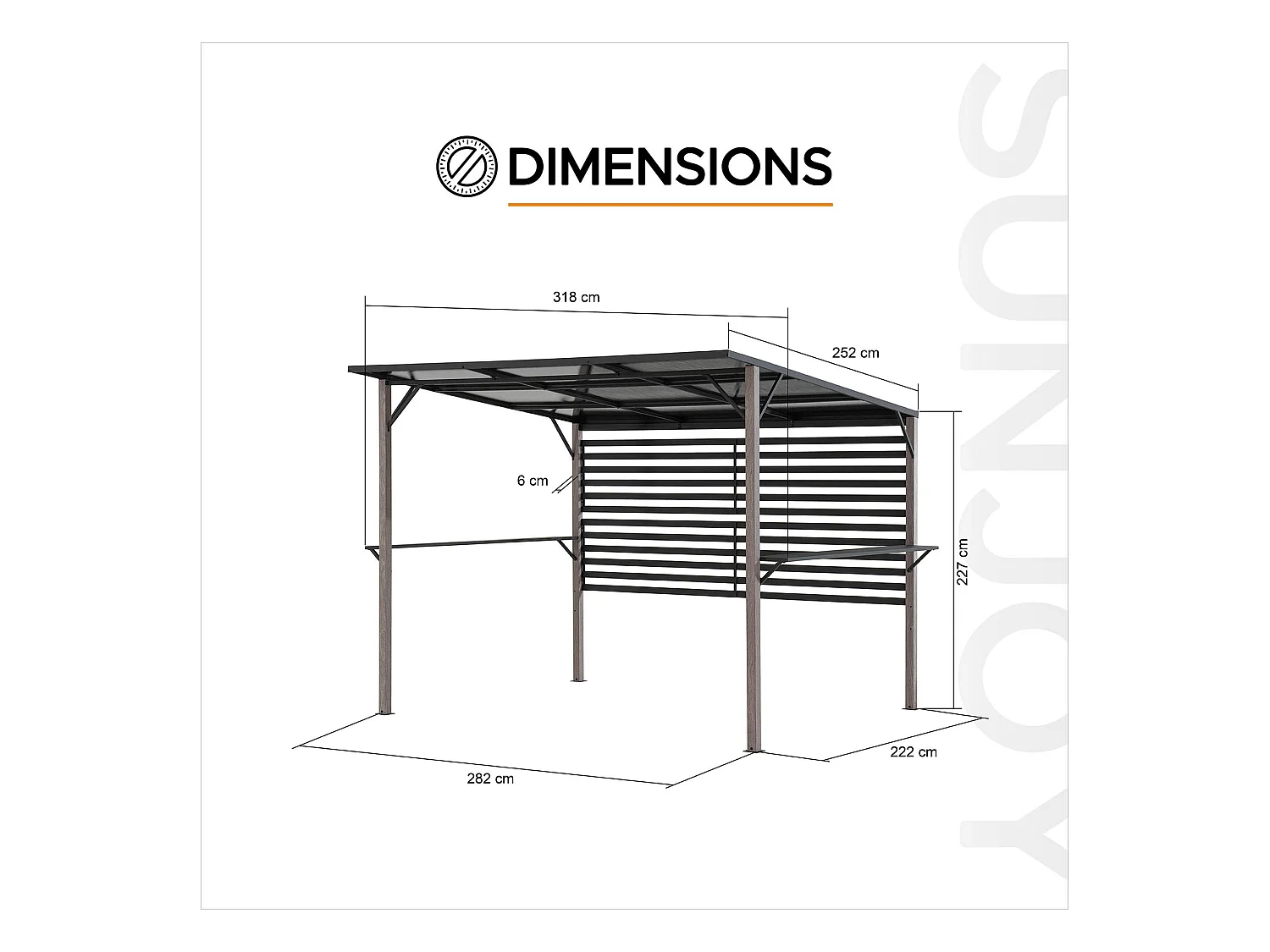 Pergola en métal avec toit en polycarbonate et brise-vue 282cm x 252cm