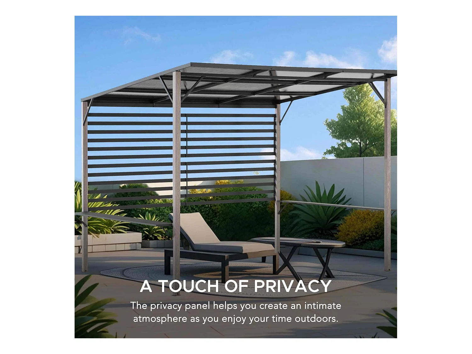 Pergola en métal avec toit en polycarbonate et brise-vue 282cm x 252cm