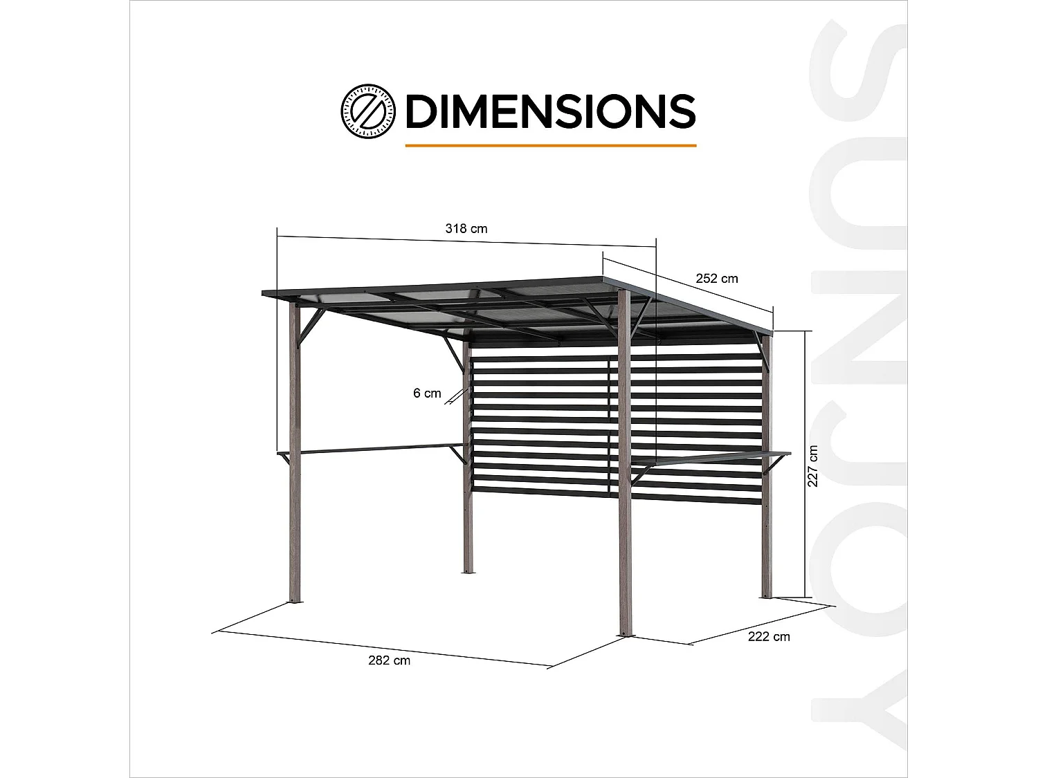 Pergola en métal avec toit en polycarbonate et brise-vue 282cm x 252cm