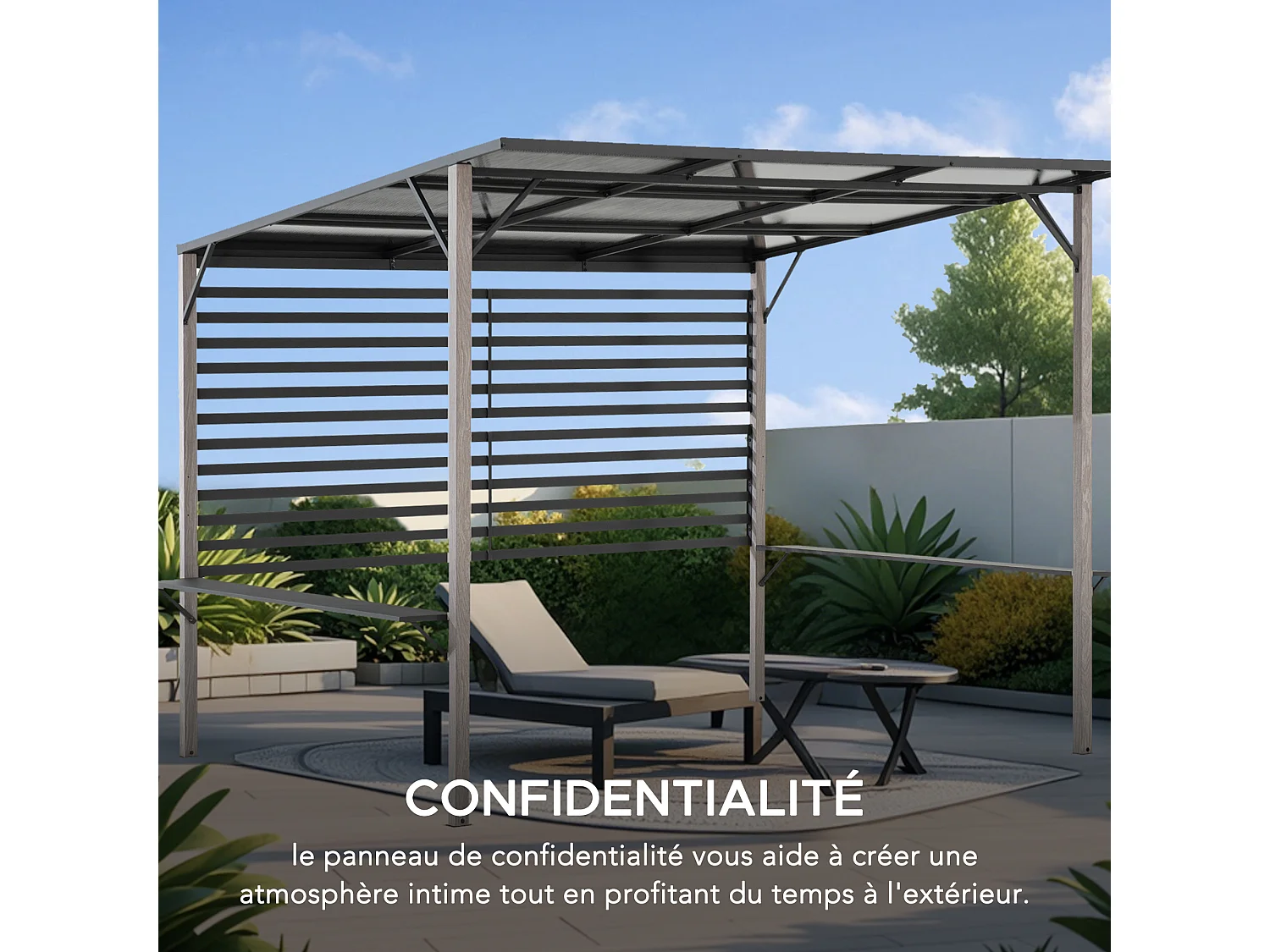 Pergola en métal avec toit en polycarbonate et brise-vue 282cm x 252cm