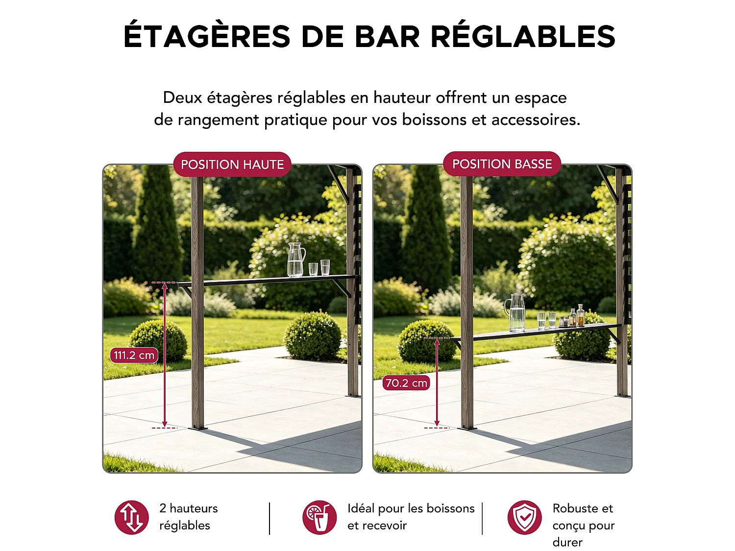 Pergola en métal avec toit en polycarbonate et brise-vue 282cm x 252cm
