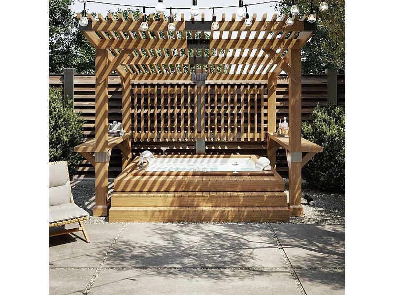 Pergola d'extérieur en cèdre avec brise-vue et étagères KRONE 305 cm x 331 cm