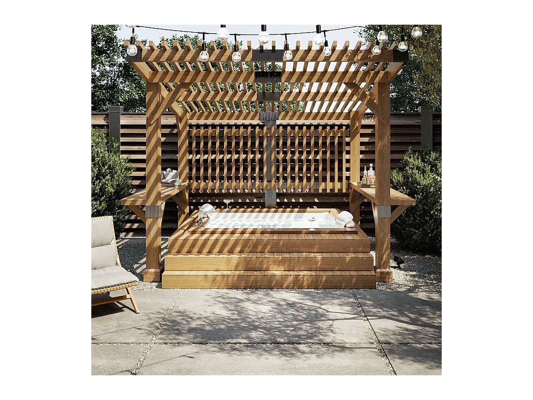 Pergola d'extérieur en cèdre avec brise-vue et étagères KRONE 305 cm x 331 cm