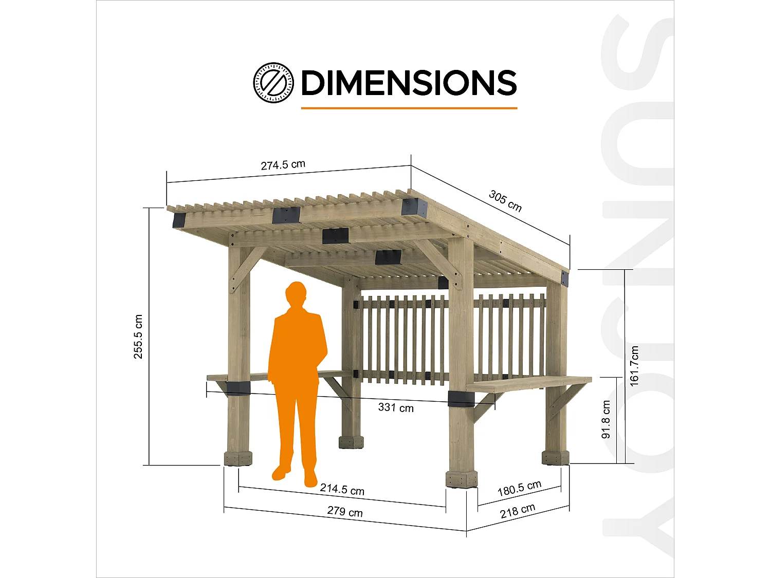 Pergola d'extérieur en cèdre avec brise-vue et étagères KRONE 305 cm x 331 cm