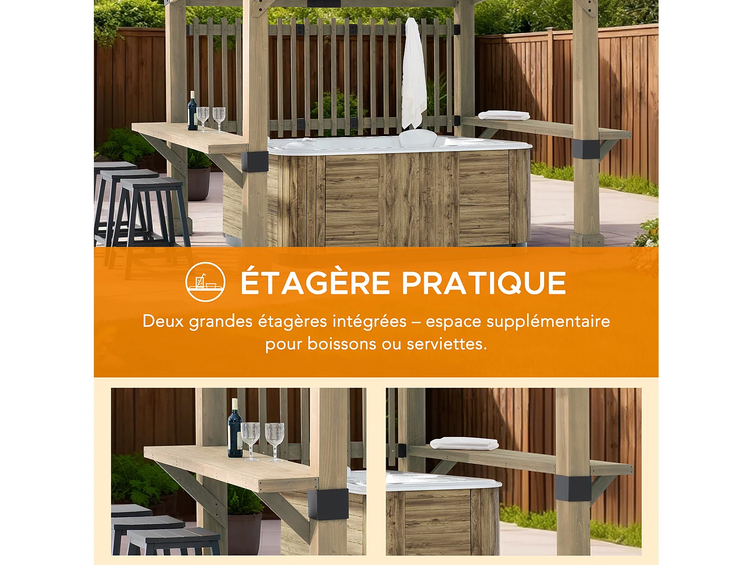 Pergola d'extérieur en cèdre avec brise-vue et étagères KRONE 305 cm x 331 cm