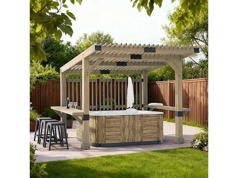 Pergola d'extérieur en cèdre avec brise-vue et étagères KRONE 305 cm x 331 cm