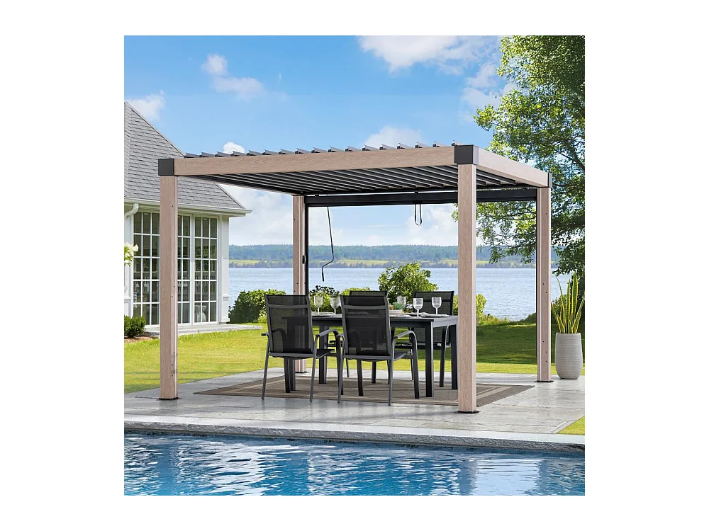 Pergola à lames avec éclairage LED solaire et toit réglable en similibois Matterhorn 306 cm x 306 cm