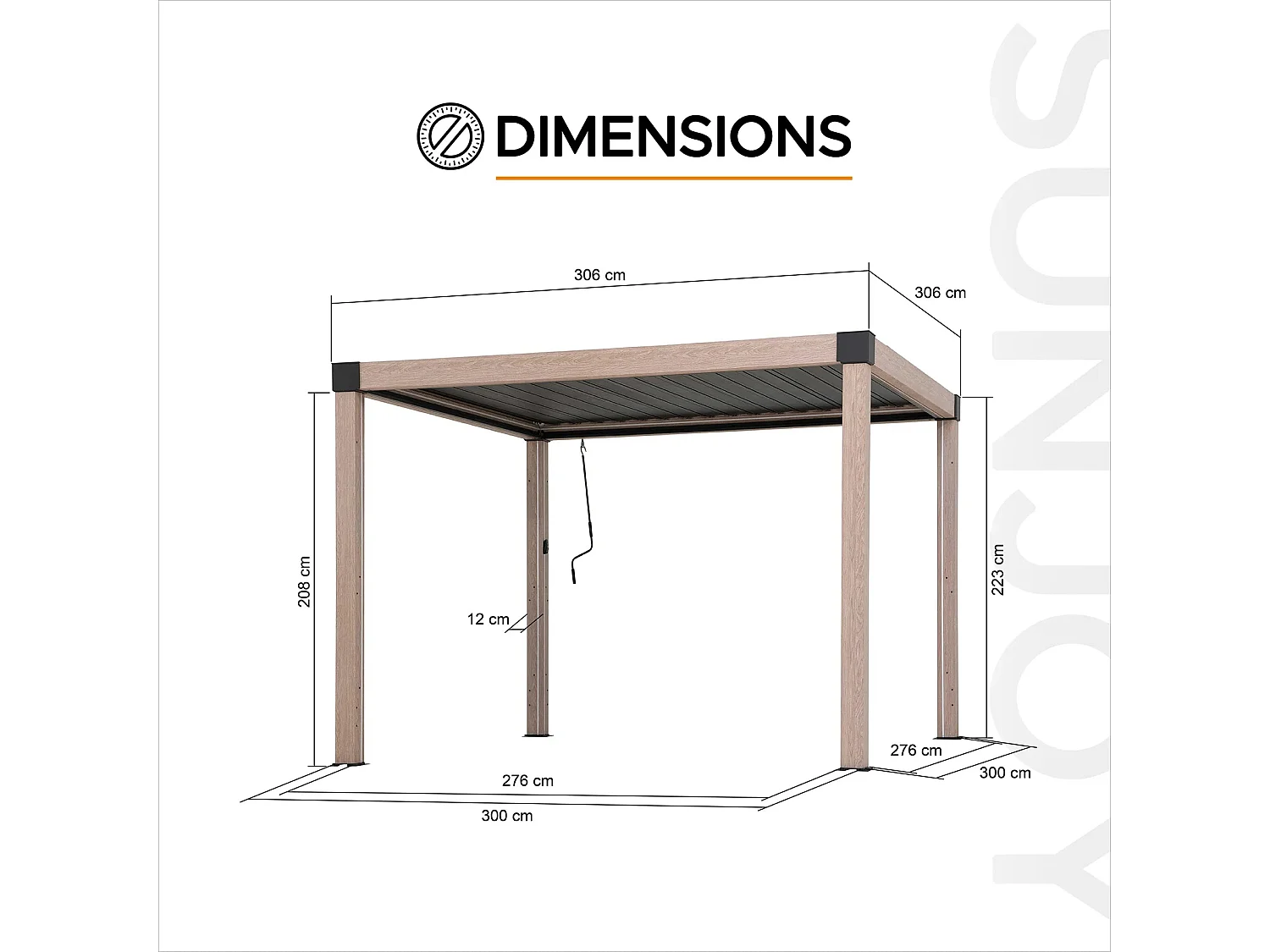 Pergola à lames avec éclairage LED solaire et toit réglable en similibois Matterhorn 306 cm x 306 cm