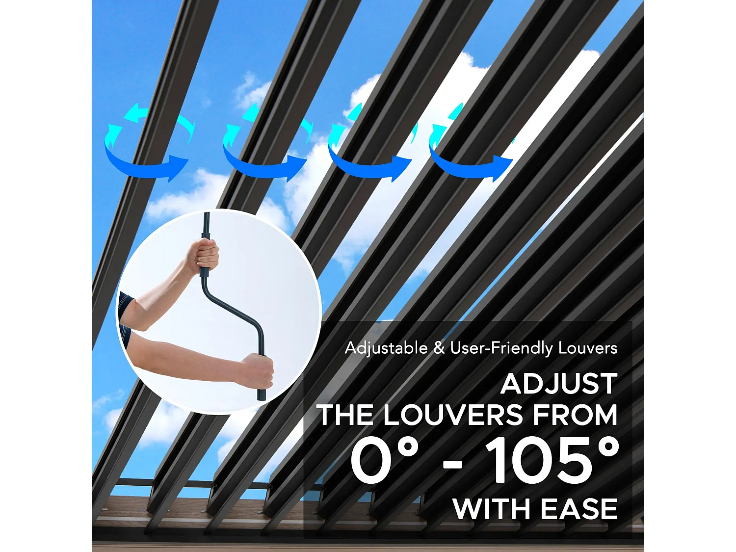 Pergola à lames avec éclairage LED solaire et toit réglable en similibois Matterhorn 306 cm x 306 cm