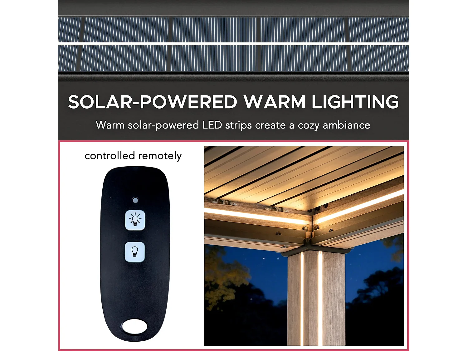 Pergola à lames avec éclairage LED solaire et toit réglable en similibois Matterhorn 306 cm x 306 cm