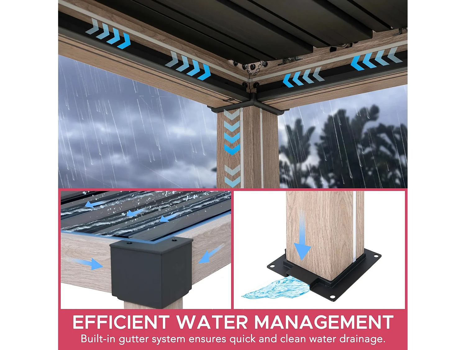 Pergola à lames avec éclairage LED solaire et toit réglable en similibois Matterhorn 306 cm x 306 cm