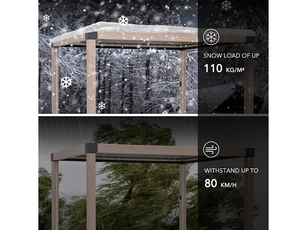 Pergola à lames avec éclairage LED solaire et toit réglable en similibois Matterhorn 306 cm x 306 cm