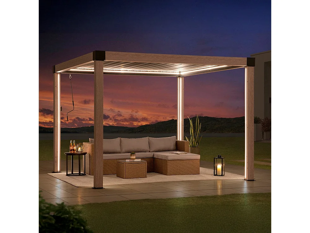 Pergola à lames avec éclairage LED solaire et toit réglable en similibois Matterhorn 306 cm x 306 cm