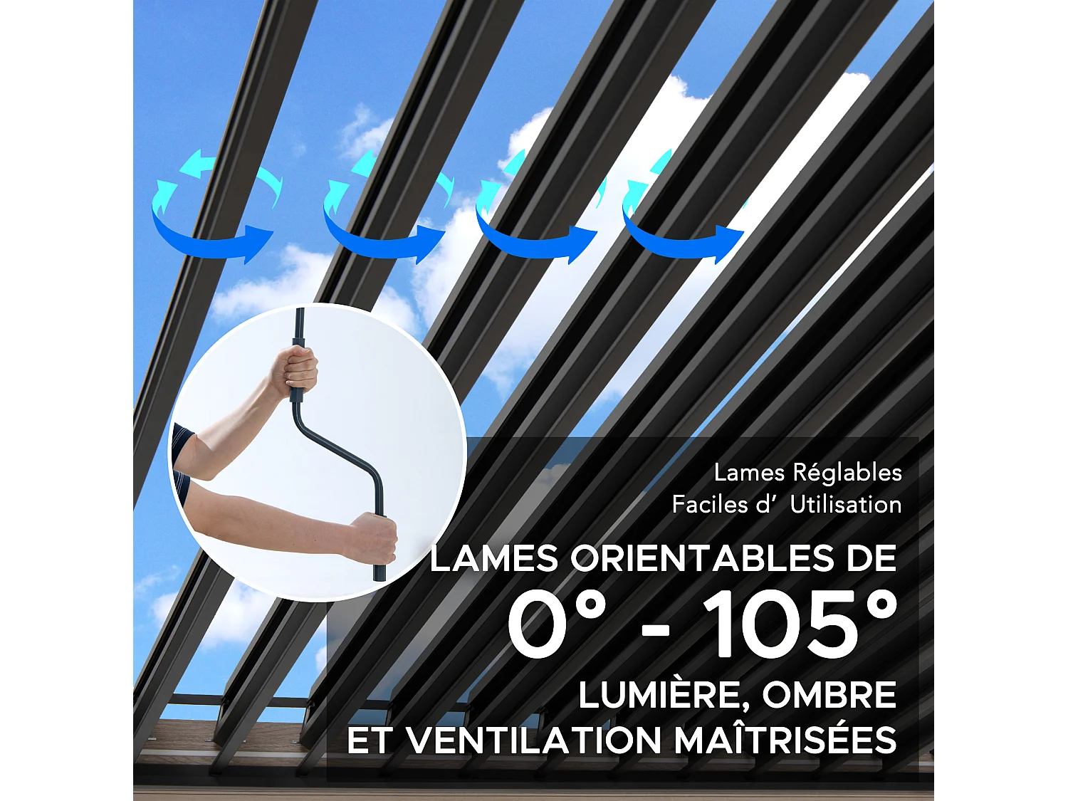 Pergola à lames avec éclairage LED solaire et toit réglable en similibois Matterhorn 306 cm x 306 cm