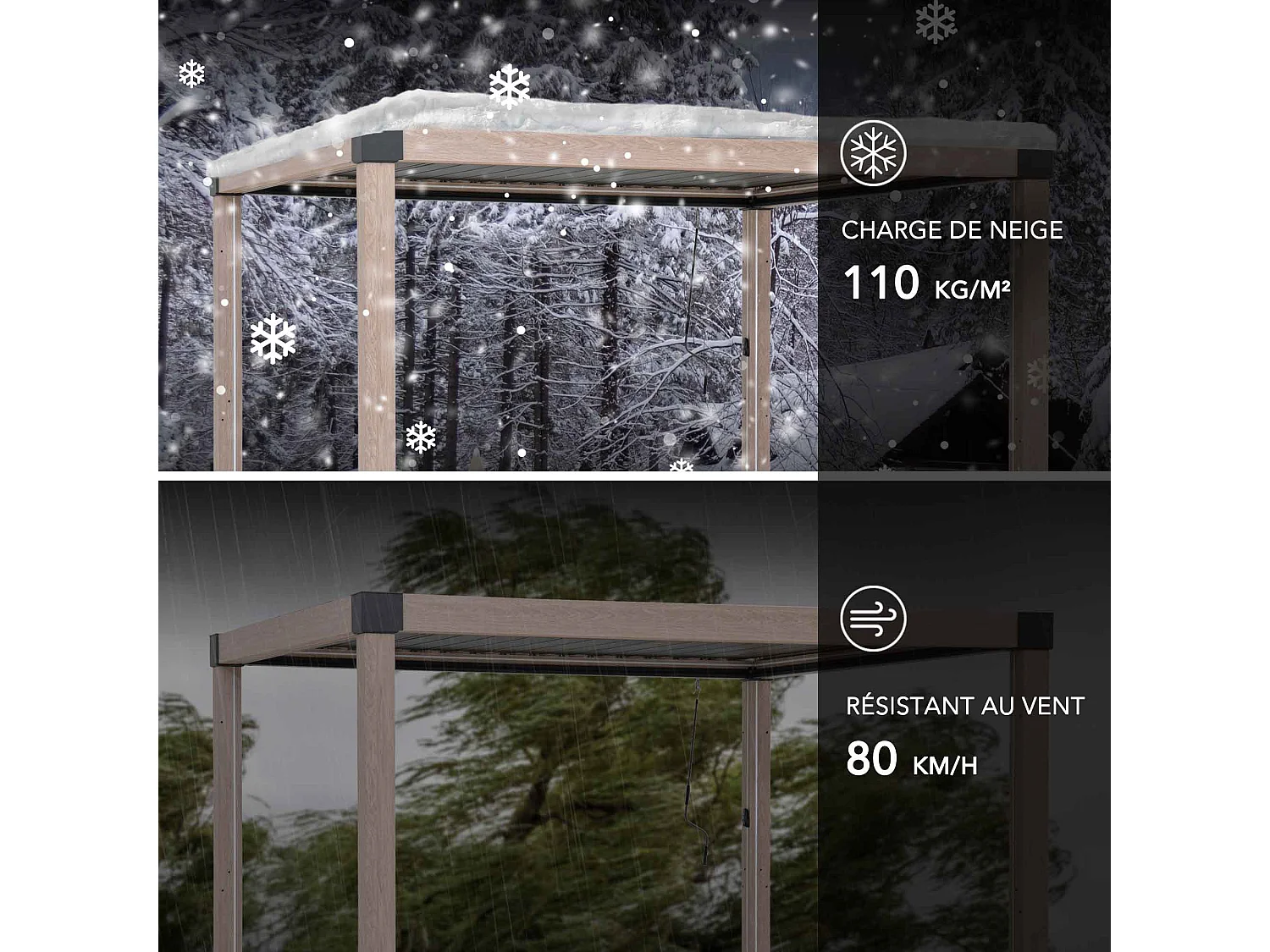 Pergola à lames avec éclairage LED solaire et toit réglable en similibois Matterhorn 306 cm x 306 cm