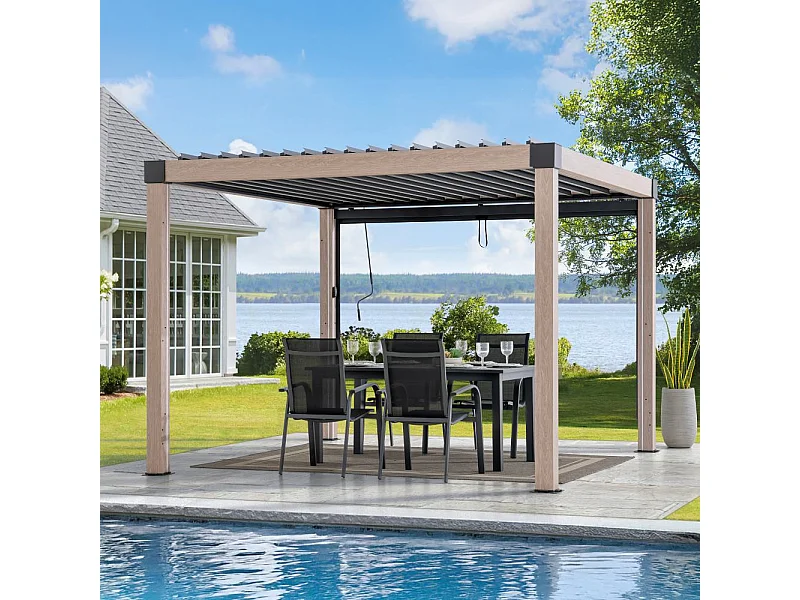 Pergola à lames avec éclairage LED solaire et toit réglable en similibois Matterhorn 306 cm x 306 cm