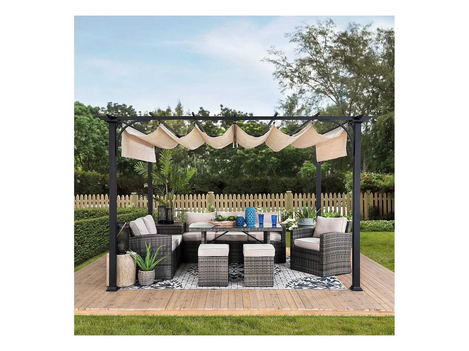 Pergola rétractable en acier avec toit beige pour jardin GIONA 277 cm x 363 cm