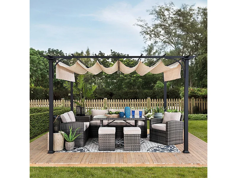 Pergola rétractable en acier avec toit beige pour jardin GIONA 277 cm x 363 cm