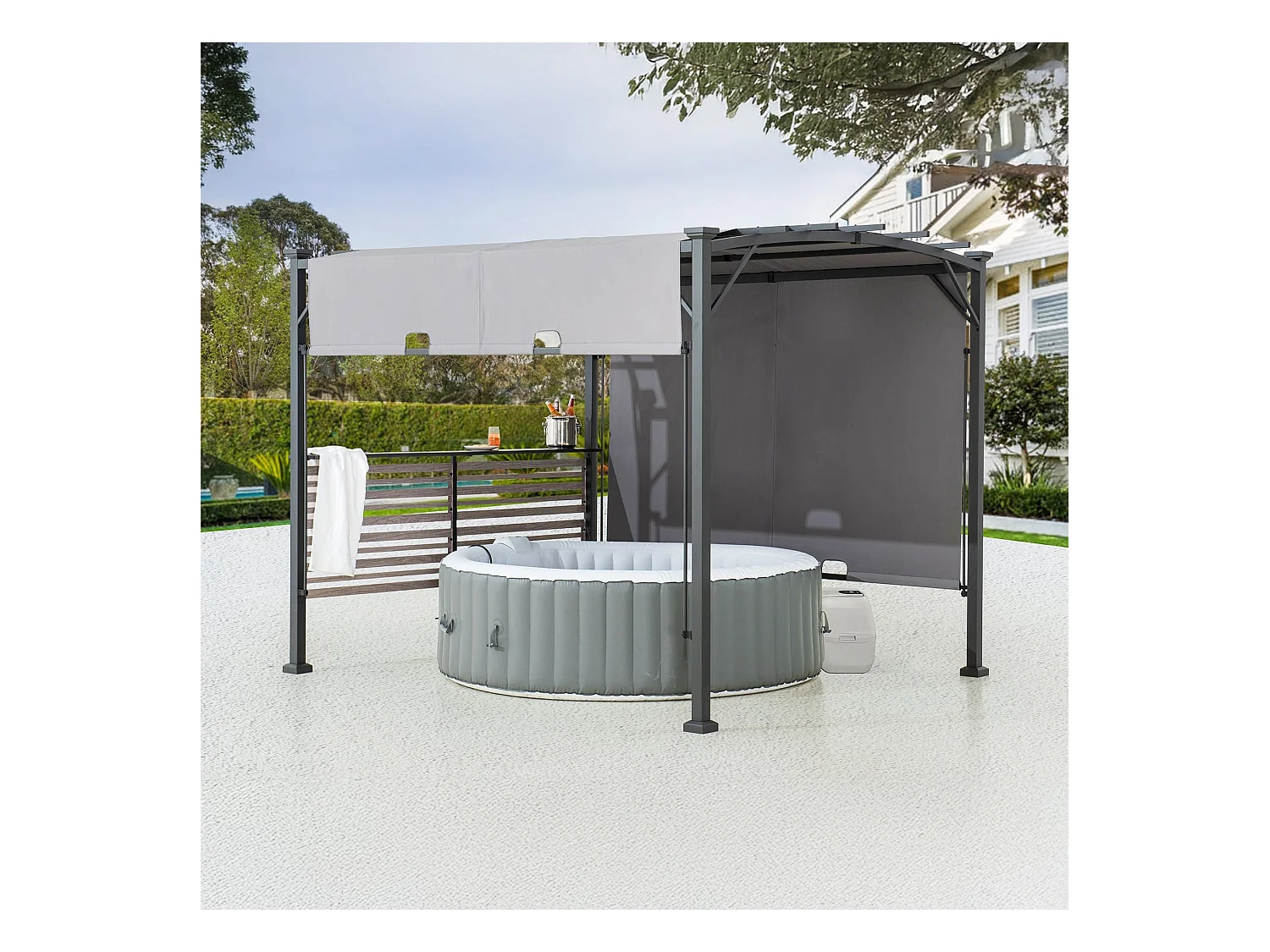 Pergola en métal avec toit à baldaquin réglable et étagère de bar TITOV 270 cm x 300 cm