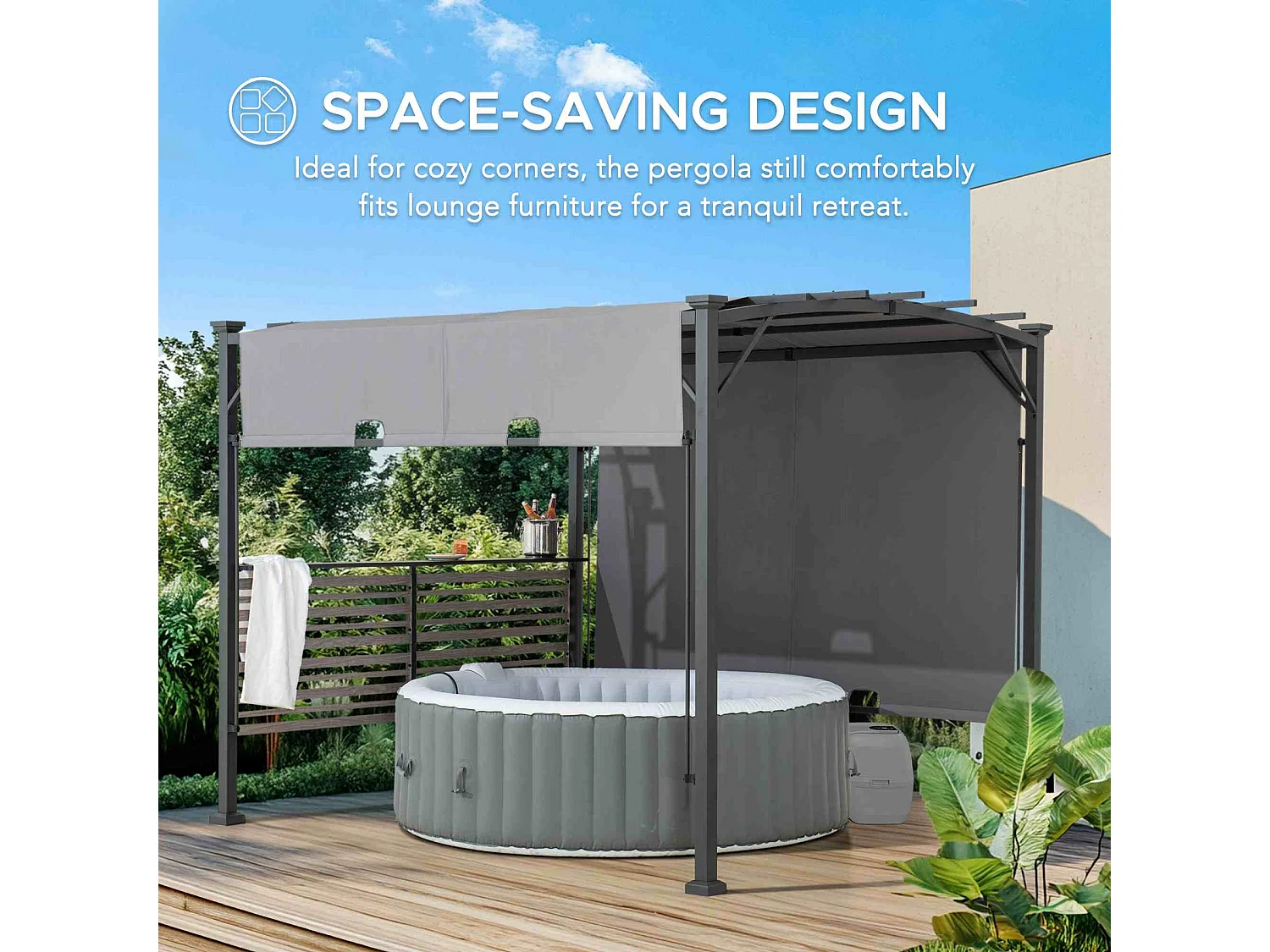 Pergola en métal avec toit à baldaquin réglable et étagère de bar TITOV 270 cm x 300 cm