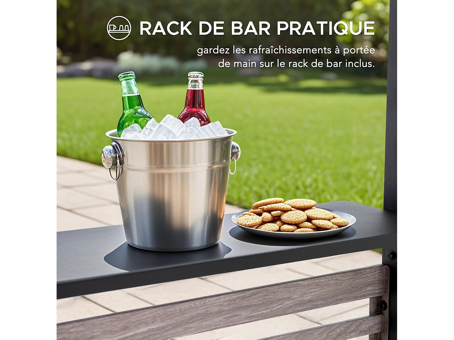 Pergola en métal avec toit à baldaquin réglable et étagère de bar TITOV 270 cm x 300 cm