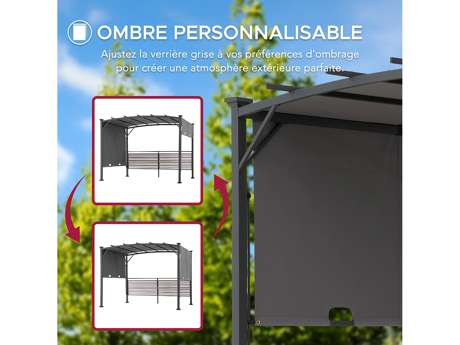 Pergola en métal avec toit à baldaquin réglable et étagère de bar TITOV 270 cm x 300 cm